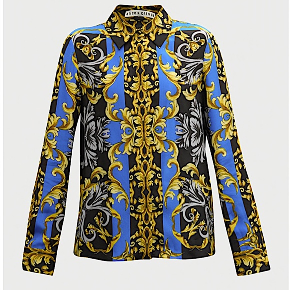 Alice and Olivia Willa Printed Silk Placket Top - Picture 3 of 12